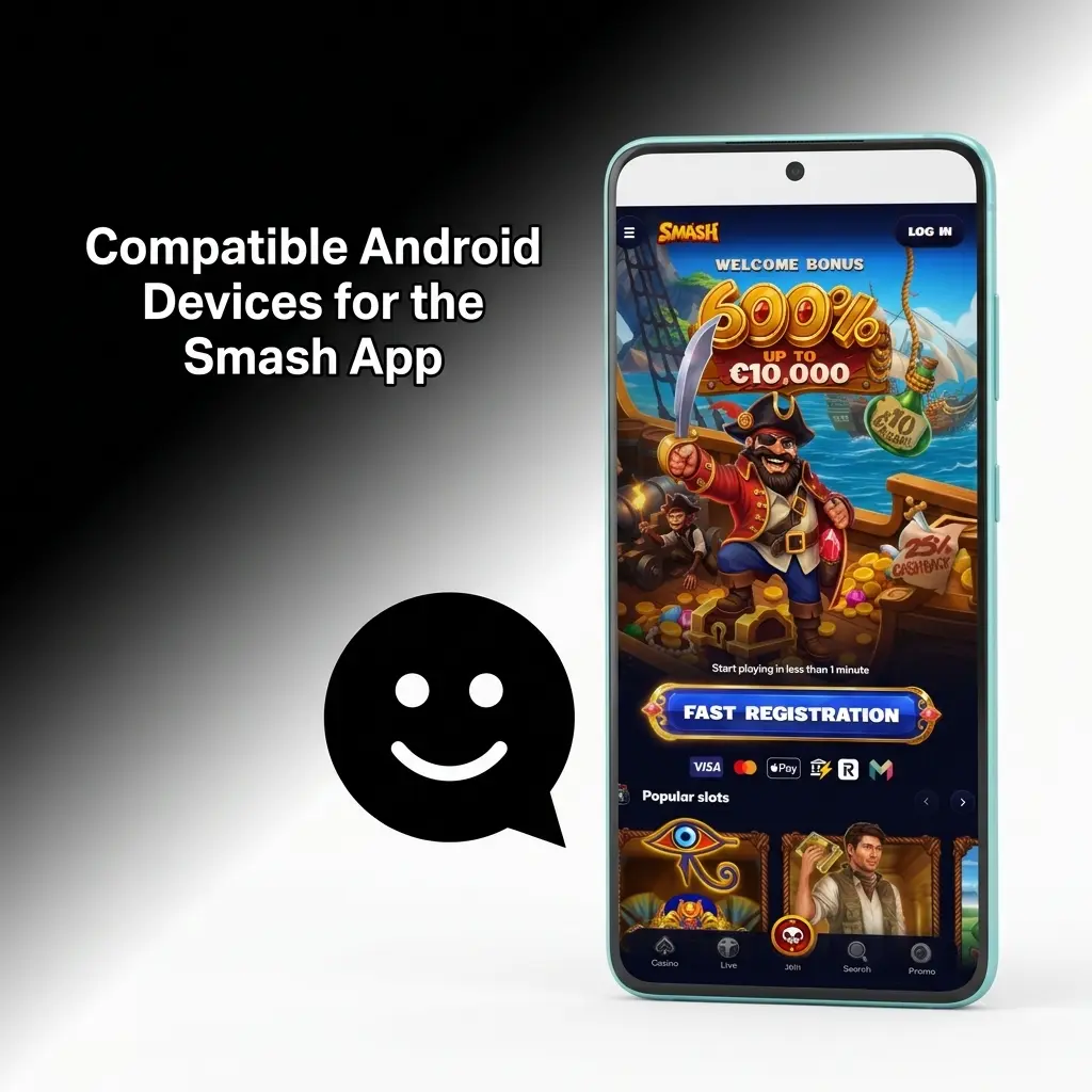 Compatible Android devices for the Smash app including Samsung, Google Pixel, OnePlus, Xiaomi, Sony, and Motorola models