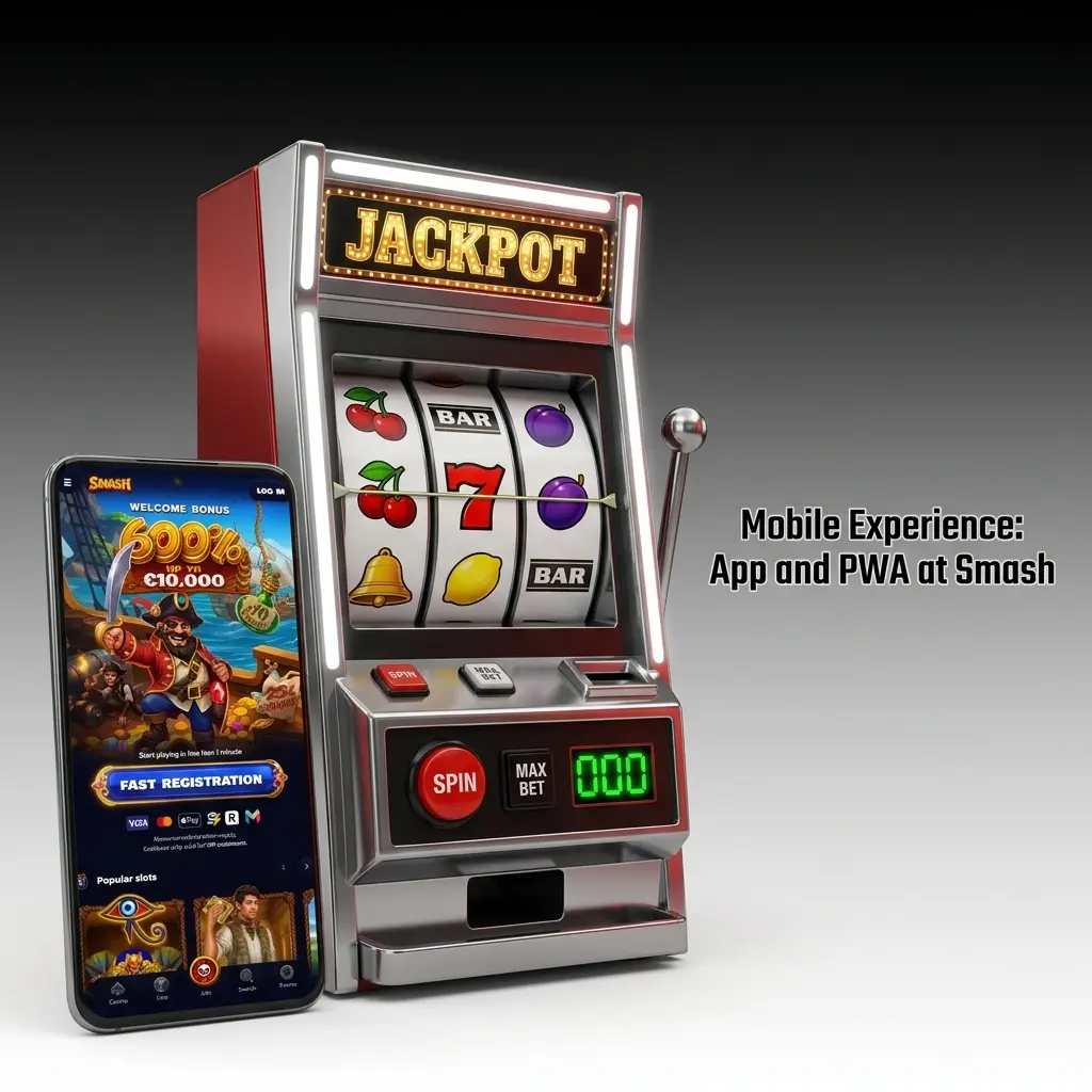 Smash Casino mobile app and PWA interface showing full game library access on a smartphone