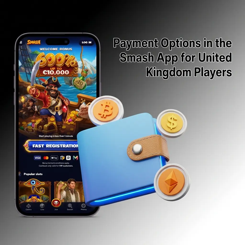 Smash App payment options for UK players including Visa, MasterCard, crypto, Giropay and Sofort with instant deposits