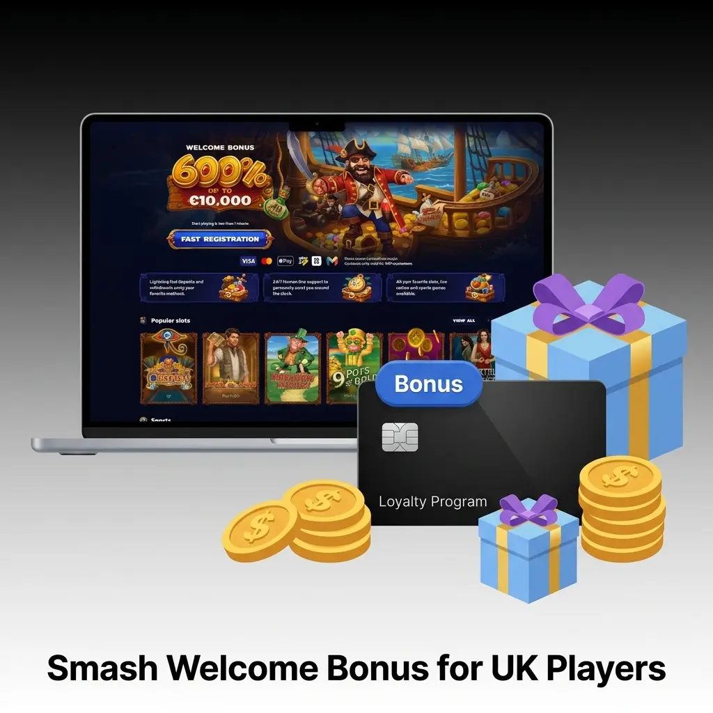 Smash Casino UK welcome bonuses: 600% slots bonus up to €10,000 and 250% sports bonus up to €5,000