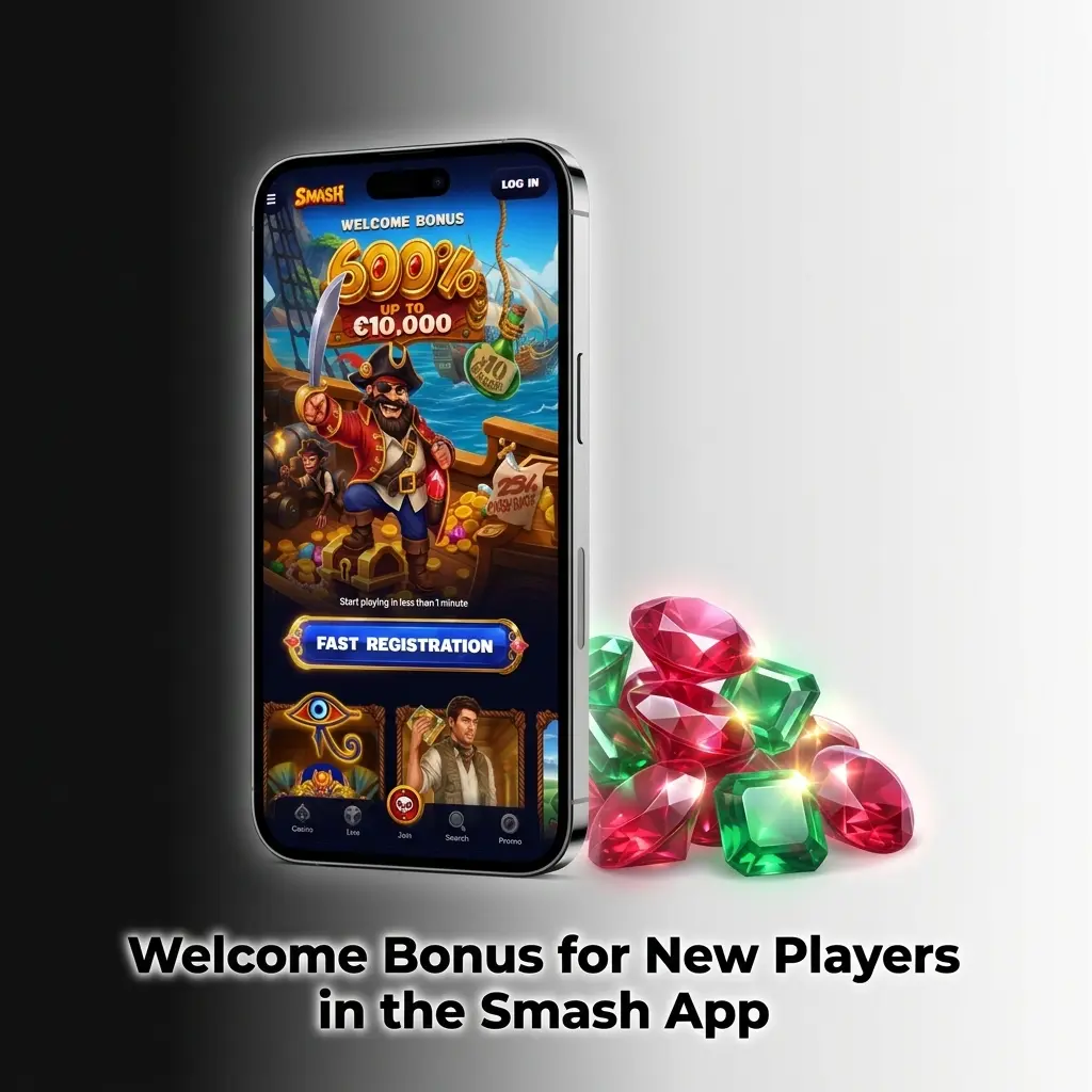 Welcome bonus for new players on Smash app: 600% casino bonus up to €10,000 or 250% sports bonus up to €5,000