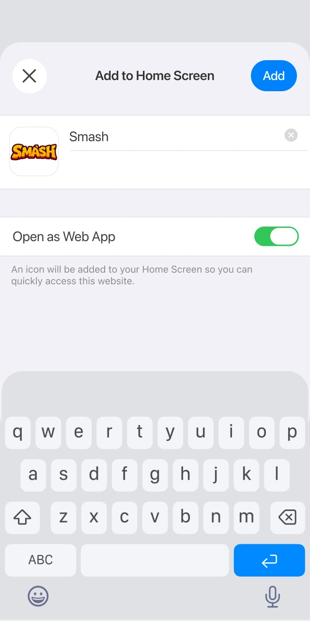 Confirm the setup prompt to add the Smash web app icon shortcut to your iOS device.