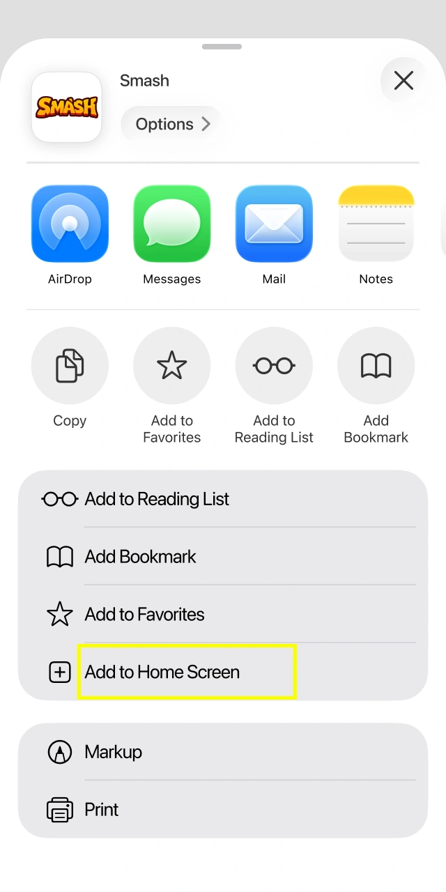 Choose the add to home screen option from the action list for the Smash PWA.