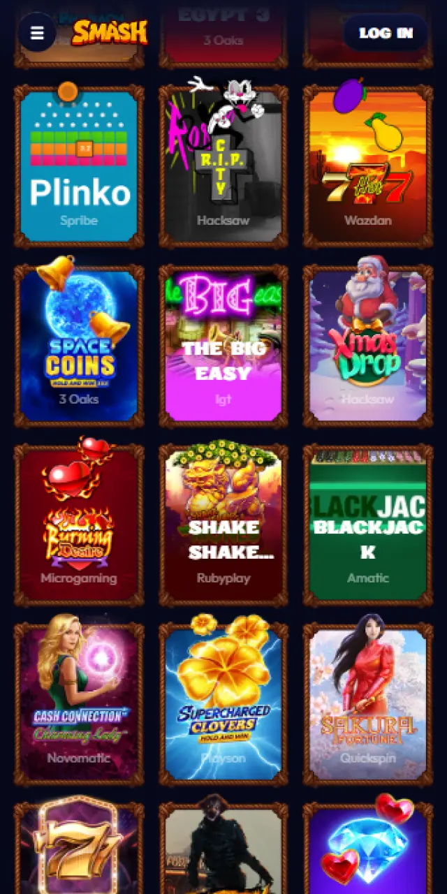Browse the online casino game lobby inside the Smash PWA.