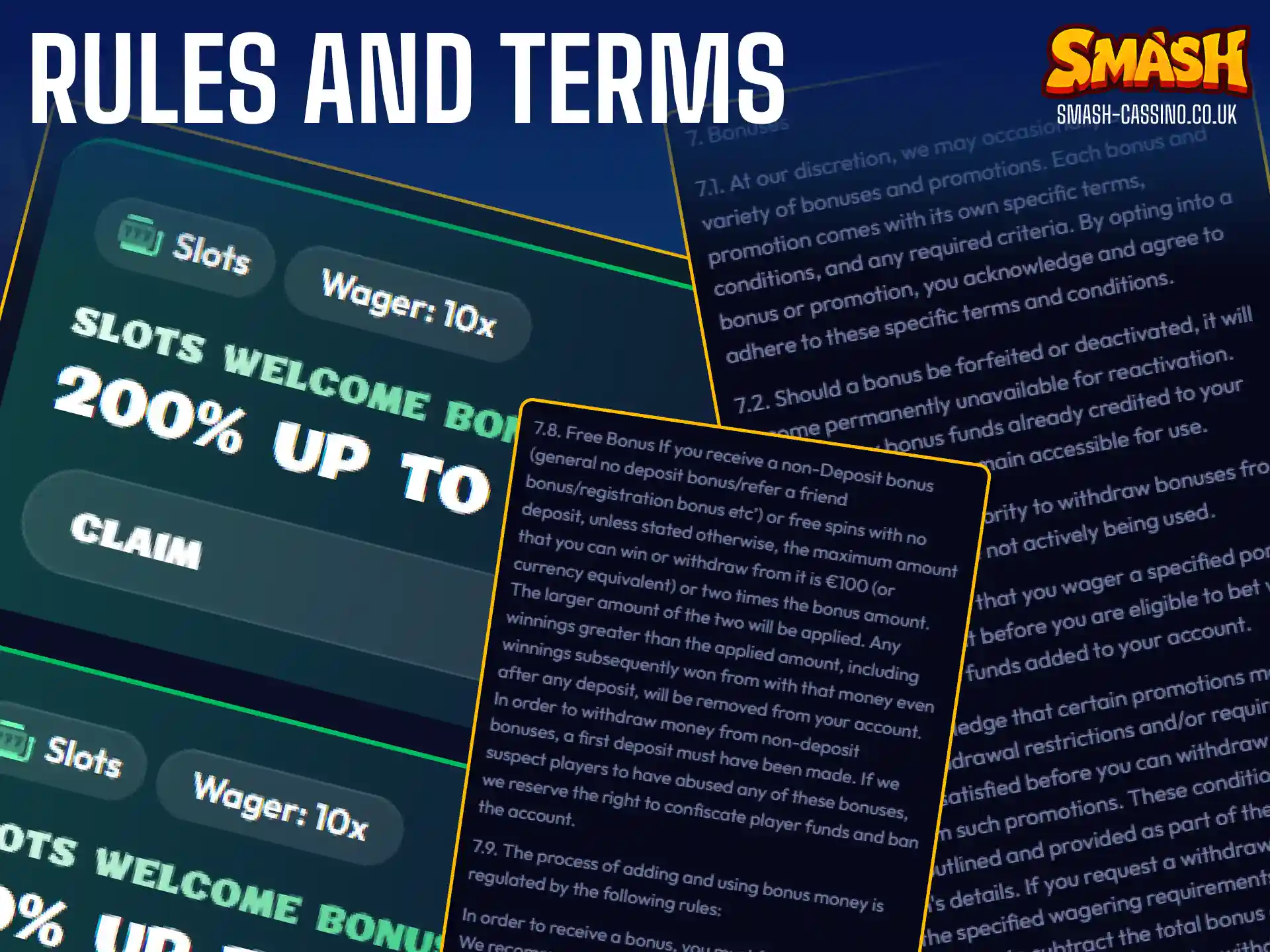 Read the official bonus rules, wagering requirements, and terms at Smash casino.