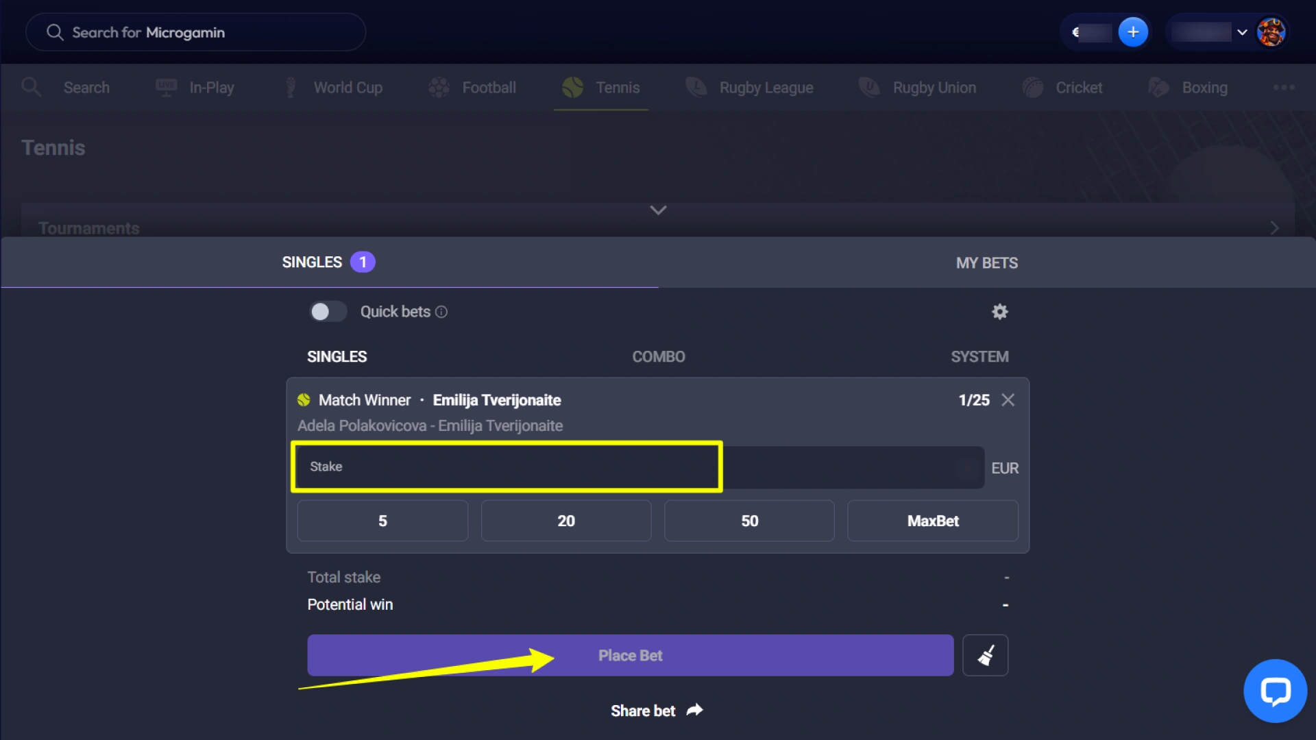 Enter your desired stake amount and confirm your sports bet on Smash.