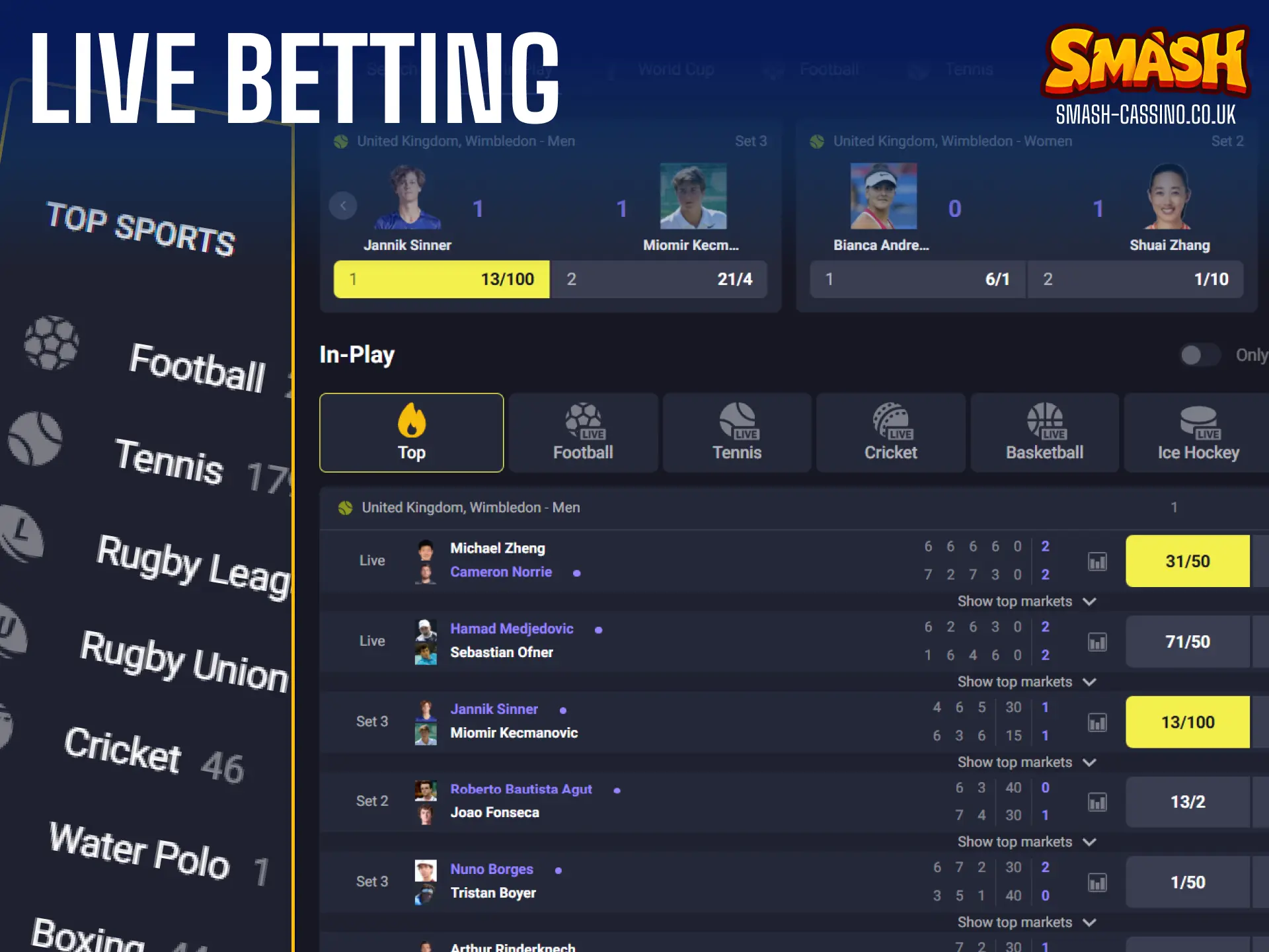 Place real-time wagers on live sporting events with the dynamic live betting feature at Smash.