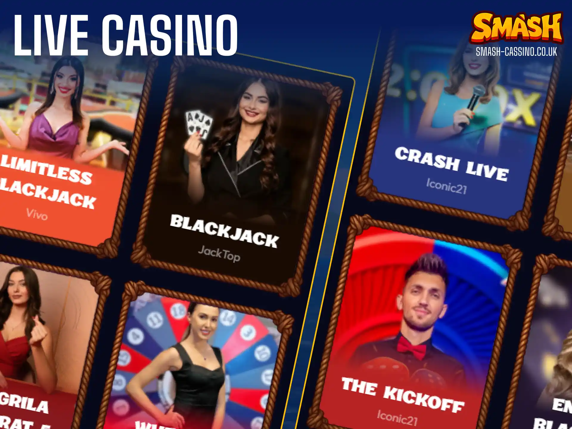 Play immersive table games with professional real-time dealers at Smash online casino.