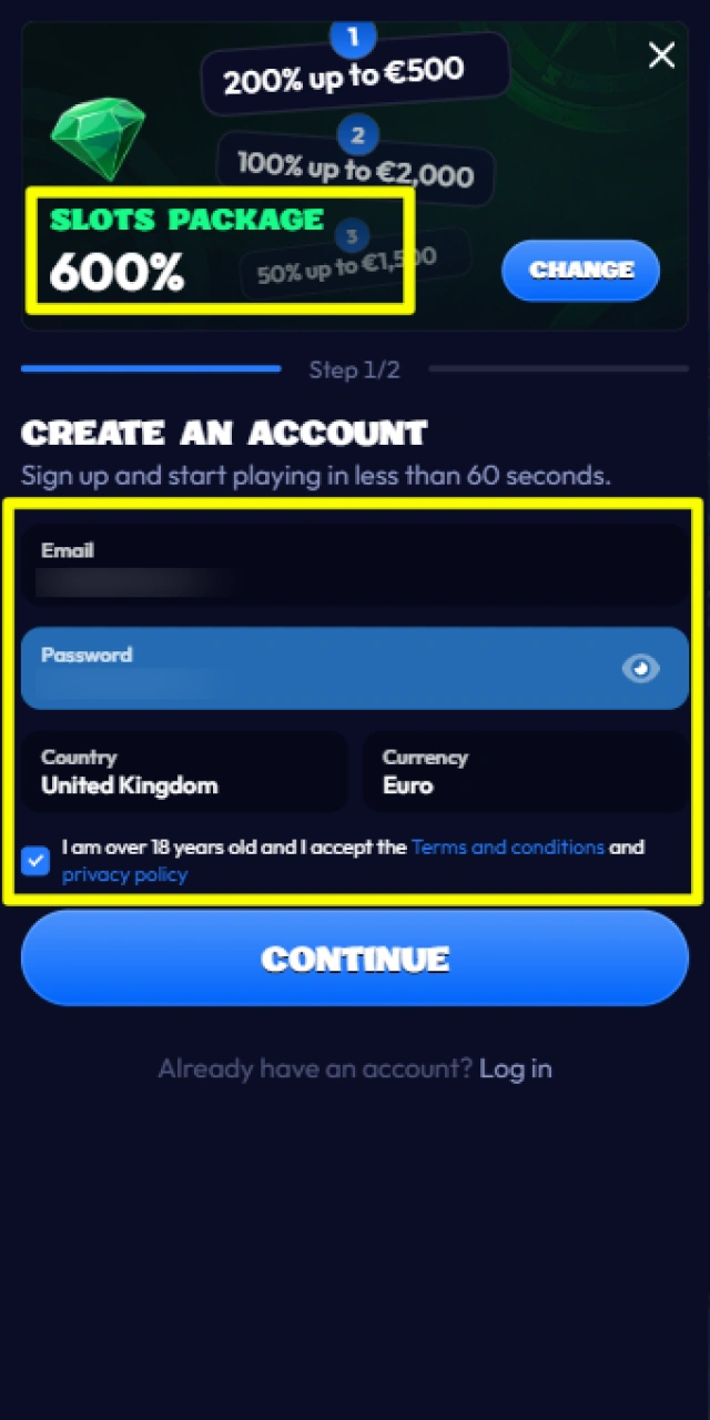 Select your preferred welcome bonus and enter your required personal details on Smash mobile.