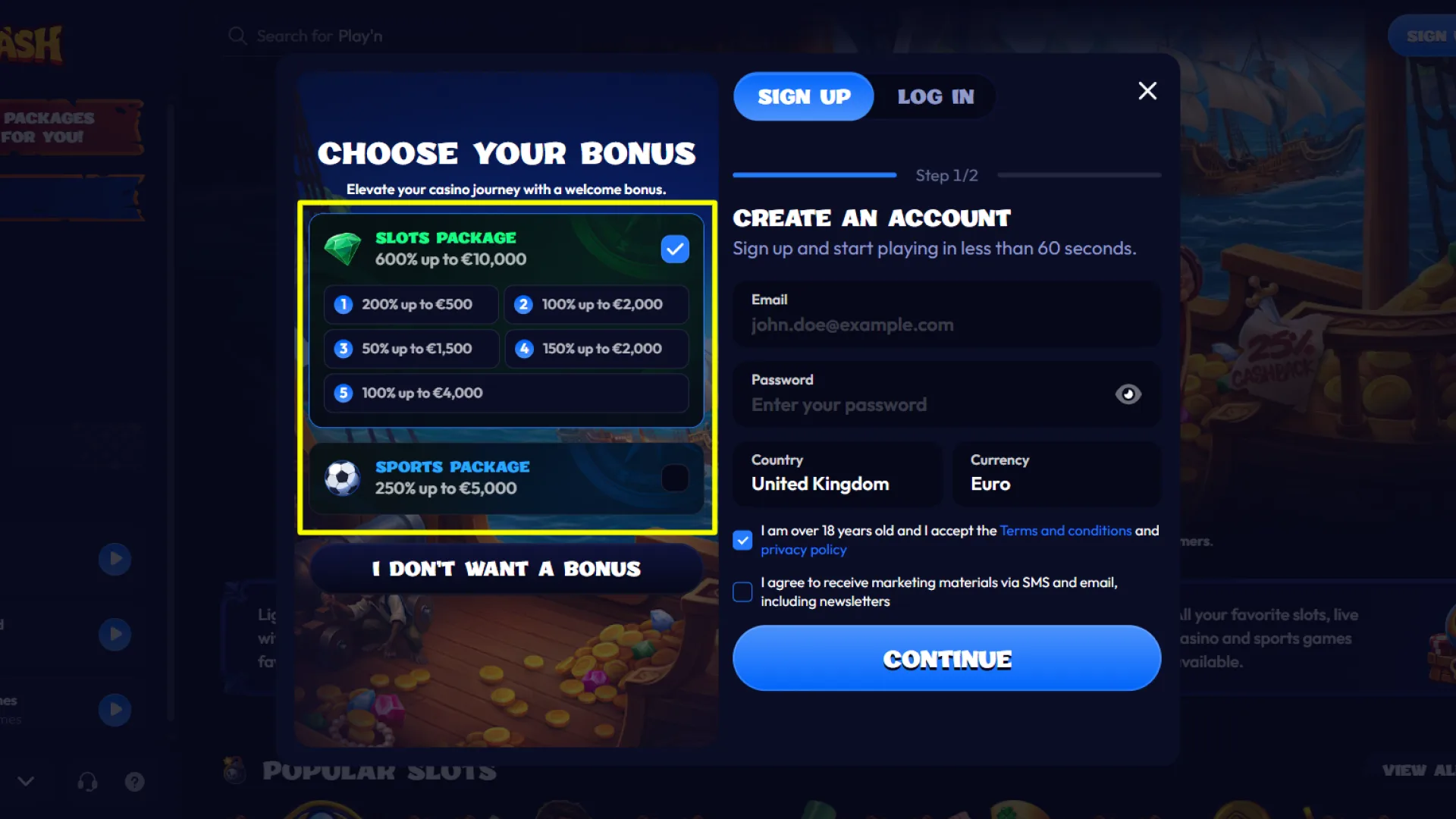 Select your preferred welcome bonus during Smash account registration.