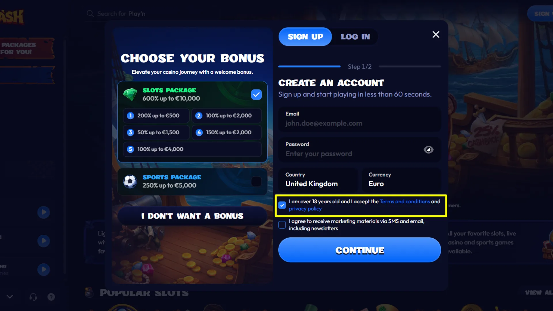 Confirm your legal gambling age and accept the terms to sign up on Smash.