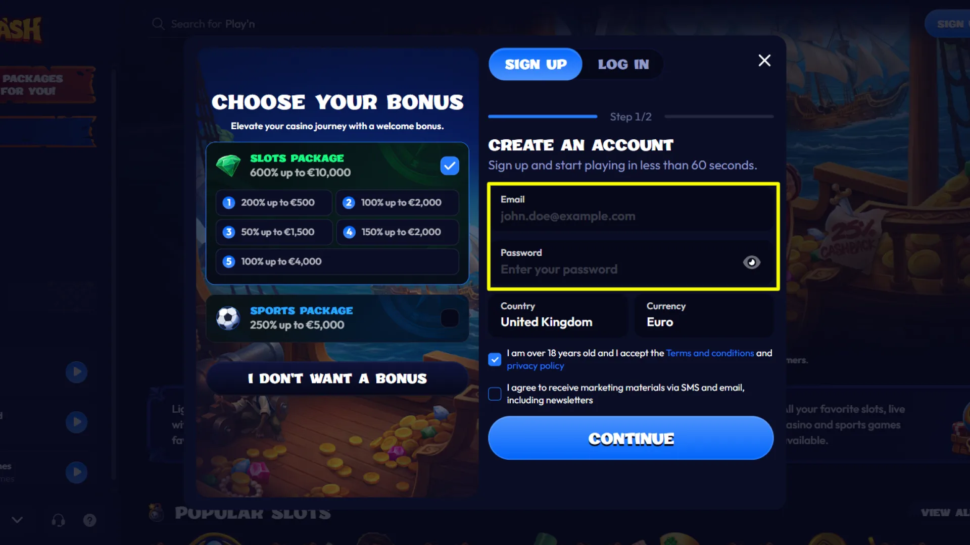 Enter a valid email address and a secure password for your new Smash account.