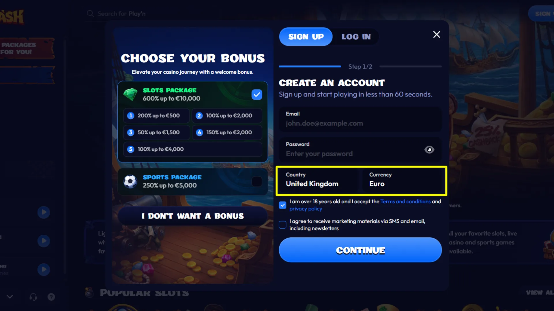 Select your country of residence and currency to register on the Smash platform.