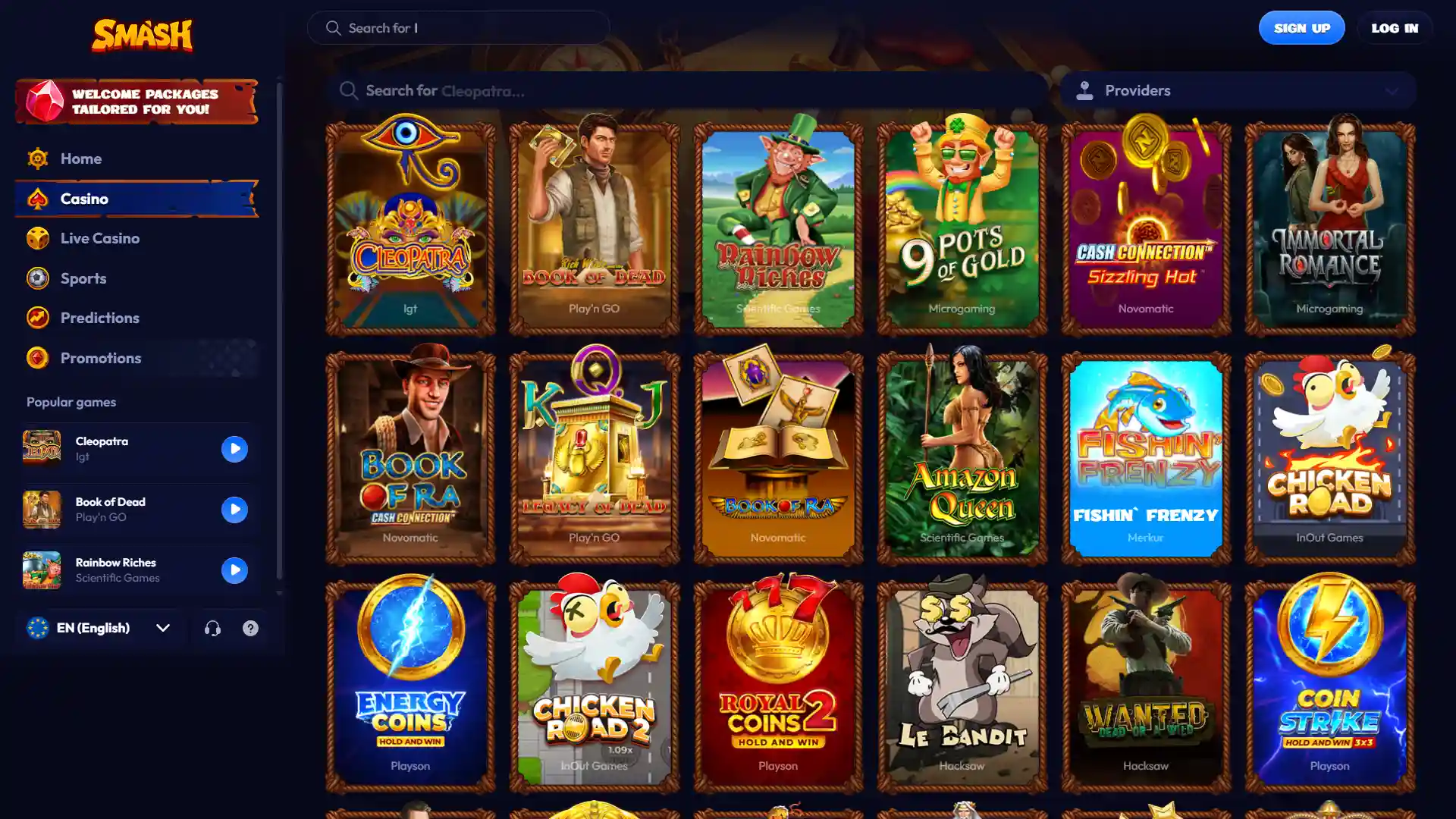 Browse the wide variety of games in the Smash online casino lobby.