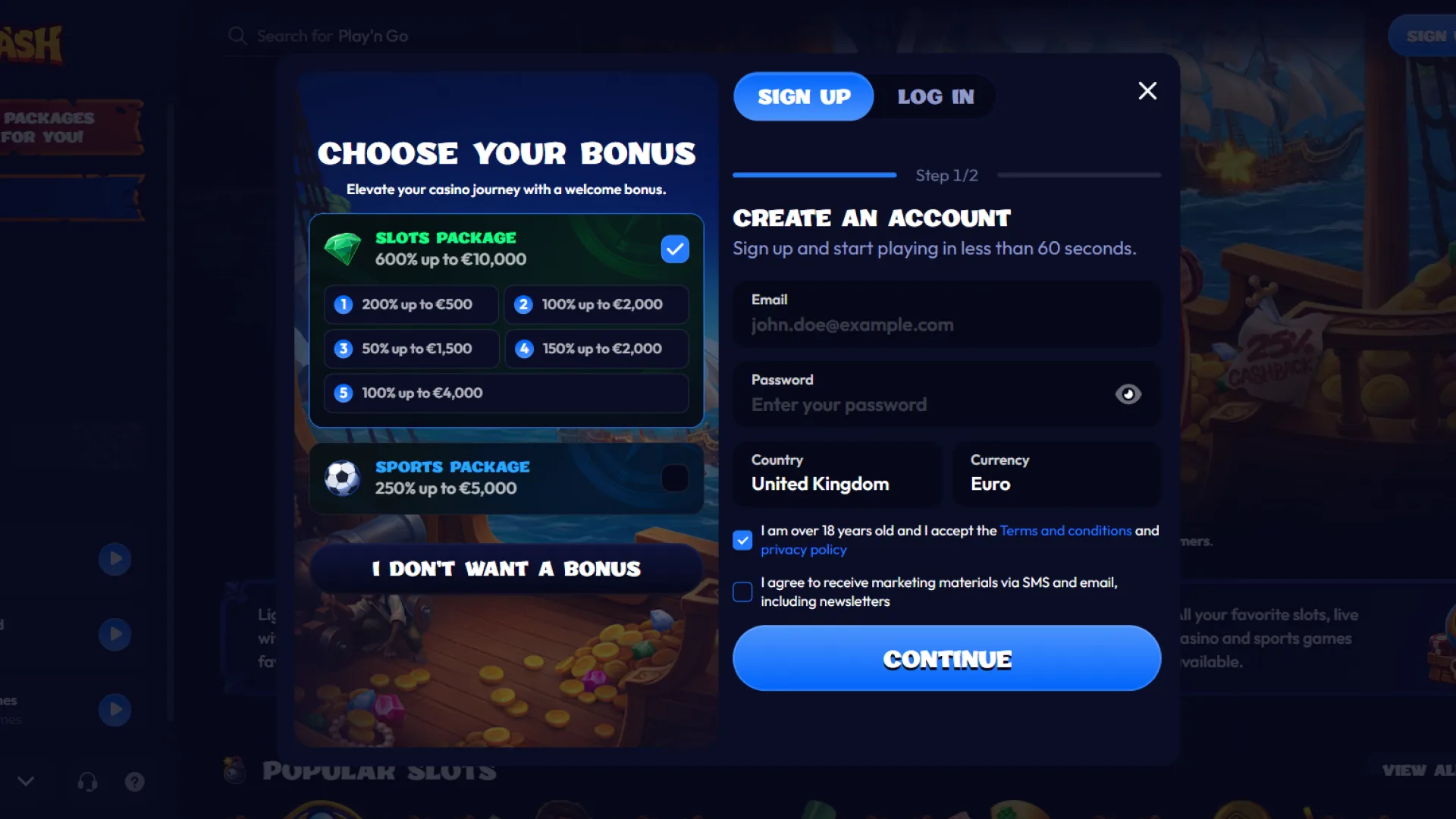 See the account registration form on the Smash UK platform.