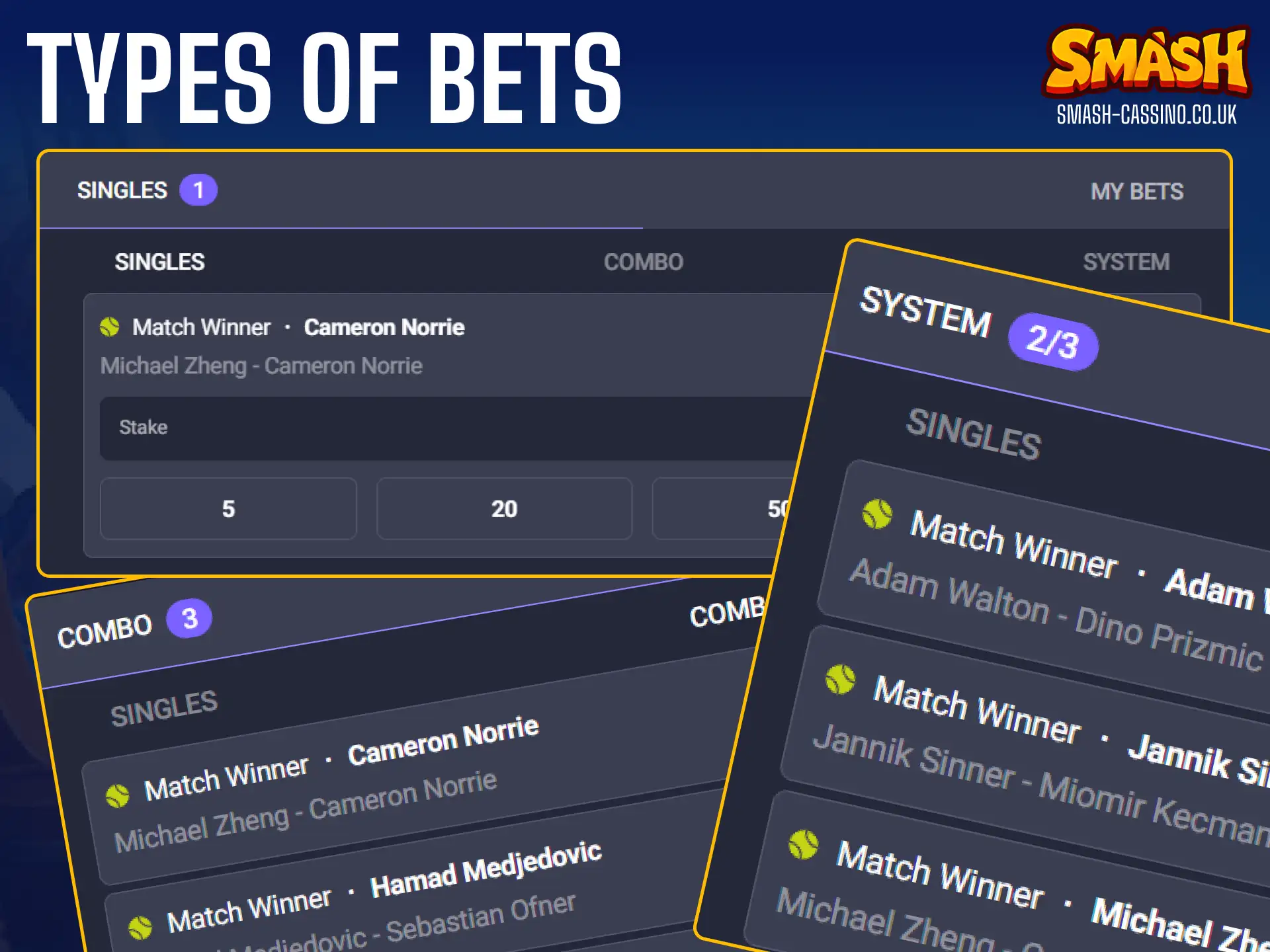 Learn about the different types of sports bets and wagering configurations you can place on Smash.